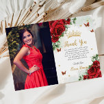 Red Roses Floral Butterflies Quinceañera Sweet 16  Thank You Card<br><div class="desc">Personalize this boho chic vibrant red floral Quinceañera / Sweet 16 birthday picture thank you card easily and quickly. Simply click the customize it further button to edit the texts, change fonts and fonts colors. Featuring beautiful bright red roses and red and gold butterflies. Matching items available in store. (c)...</div>