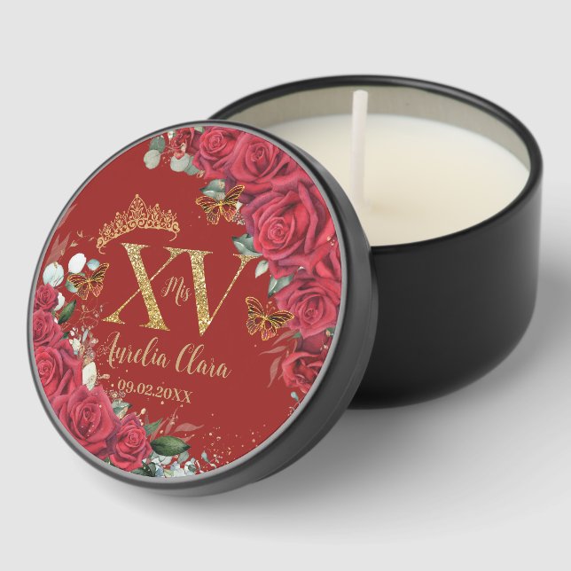 Red Roses Floral Butterflies Quinceanera XV Mini Candle Favors (Corner)