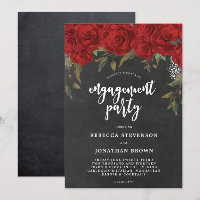 red roses floral chalk engagement party invitation (Front/Back)