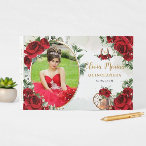 Red Roses Floral Charro Boots Quinceanera Photo Guest Book