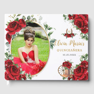 Red Roses Floral Charro Boots Quinceanera Photo Guest Book