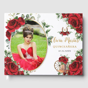 Red Roses Floral Charro Boots Quinceanera Photo Guest Book