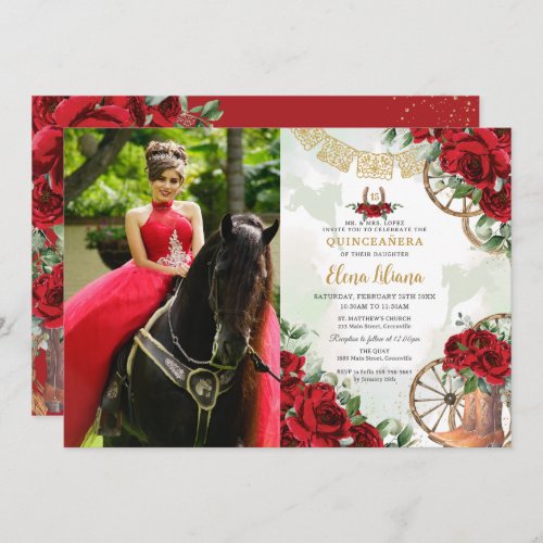Red Roses Floral Charro Boots Quinceaera Photo Invitation