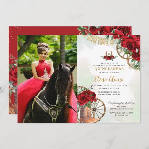 Red Roses Floral Charro Boots Quinceaera Picture Invitation