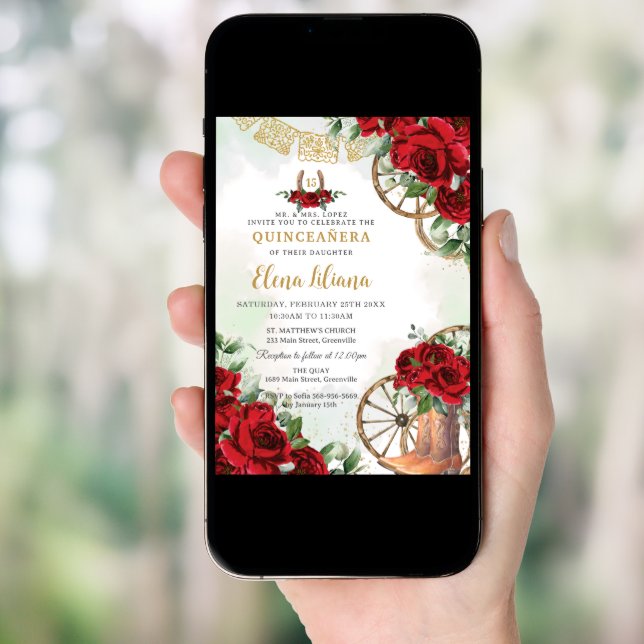 Red Roses Floral Charro Boots Sweet 16 Quinceañera Invitation (Front Digital)