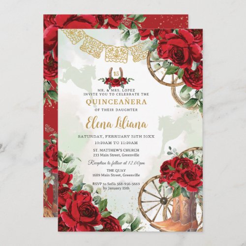 Red Roses Floral Charro Boots Sweet 16 Quinceaera Invitation