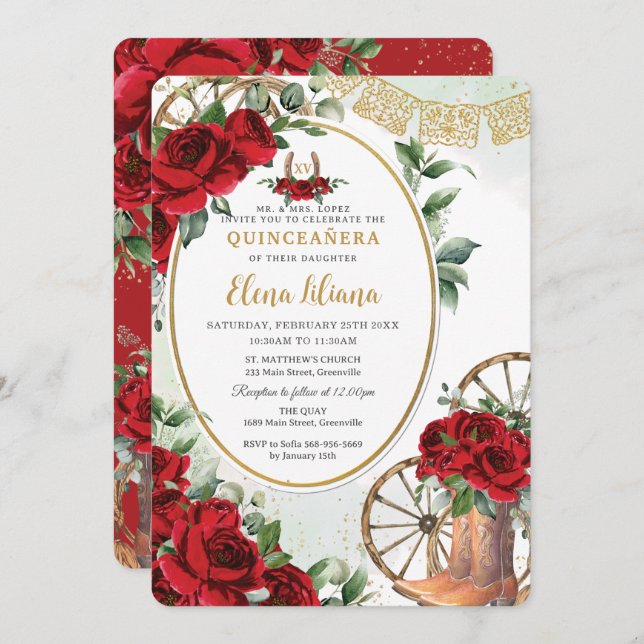 Red Roses Floral Charro Boots Sweet 16 Quinceañera Invitation (Front/Back)