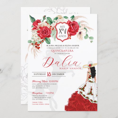 Red Roses Floral Crest Charro Western Quinceanera Invitation