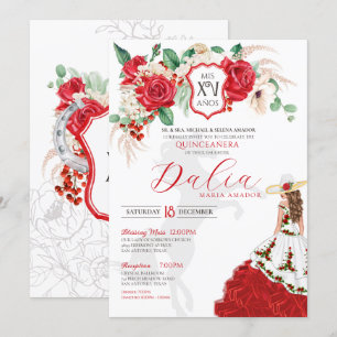 Red Roses Floral Crest Elegant Charra Quinceanera Invitation