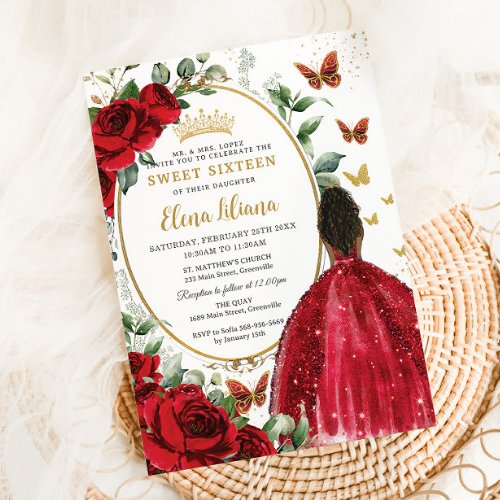 Red Roses Floral Dress Gold Quinceaera Sweet 16 Invitation