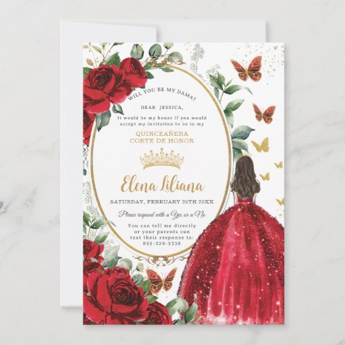 Red Roses Floral Dress Quinceaera Dama Request Invitation