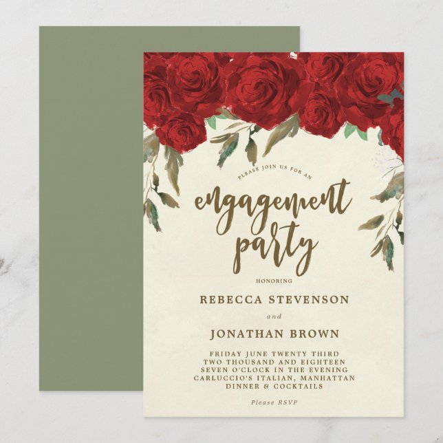 red roses floral engagement party invitation (Front/Back)