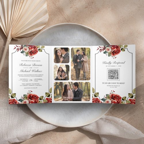 Red Roses Floral Frame All in One QR Code Wedding Tri_Fold Invitation