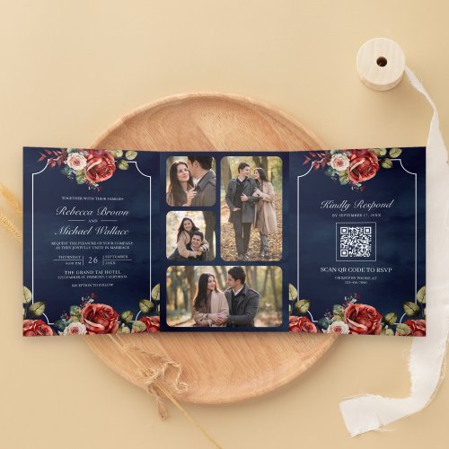 Red Roses Floral Frame Navy Blue QR Code Wedding Tri_Fold Invitation
