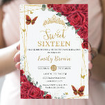 Red Roses Floral Gold Butterflies Sweet Sixteen Invitation<br><div class="desc">Personalize this beautiful red roses invitation card easily and quickly. Simply click the "Edit Using Design Tools" button to modify the text, wording, font style, font size, and font color. You can also add or remove text, and move or remove images. The butterflies and crown are movable, resizable, duplicatable, and...</div>