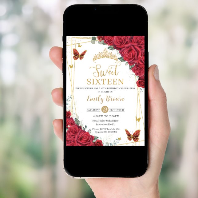 Red Roses Floral Gold Butterflies Sweet Sixteen Invitation (Front Digital)