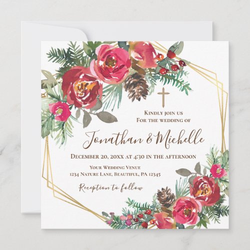 Red Roses Floral Gold Cross Christian Wedding Invitation