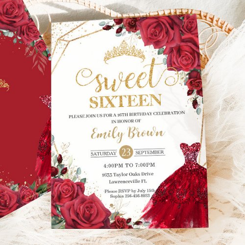 Red Roses Floral Gold Princess Dress Sweet 16 Invitation