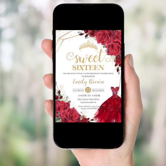 Red Roses Floral Gold Princess Dress Sweet 16 Invitation (Front Digital)