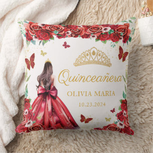 Red Roses Floral Gold Princess Tiara Quinceanera Throw Pillow