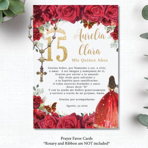 Red Roses Floral Gold Quincea&#241;era 15 Prayer Card