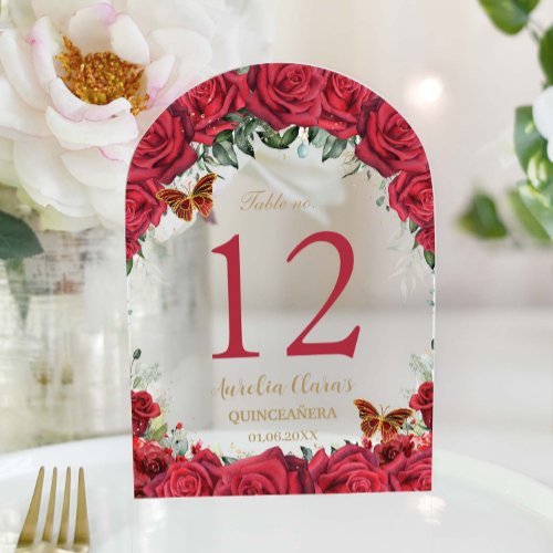 Red Roses Floral Gold Quincea&#241;era 16 Table Number