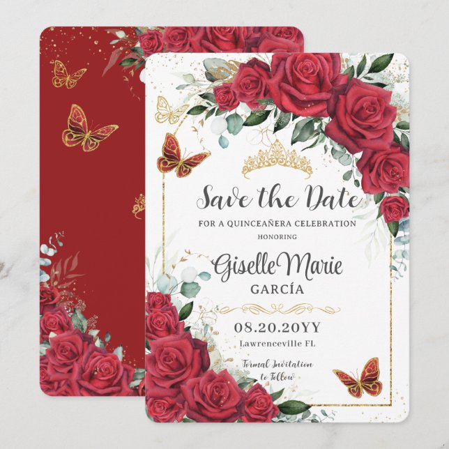 Red Roses Floral Gold Quinceañera Butterflies Arch Save The Date (Front/Back)
