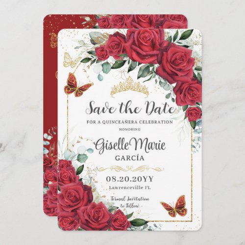 Red Roses Floral Gold Quinceaera Butterflies Arch Save The Date