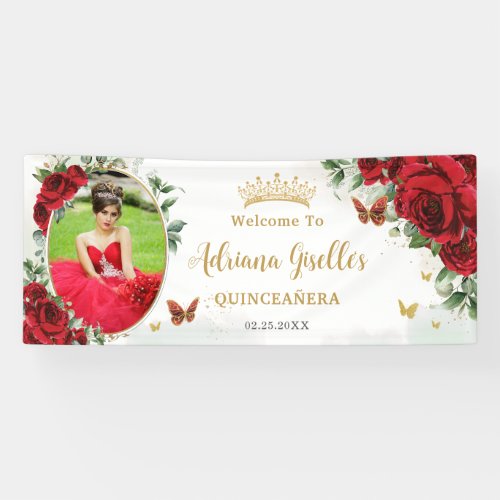 Red Roses Floral Gold Quinceaera Photo Backdrop Banner