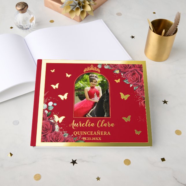 Red Roses Floral Gold Quinceañera Quince 15 Photo Foil Guest Book (Front Open)