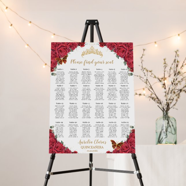 Red Roses Floral Gold Quinceañera Seating Chart Foam Board (In Situ (Stand))