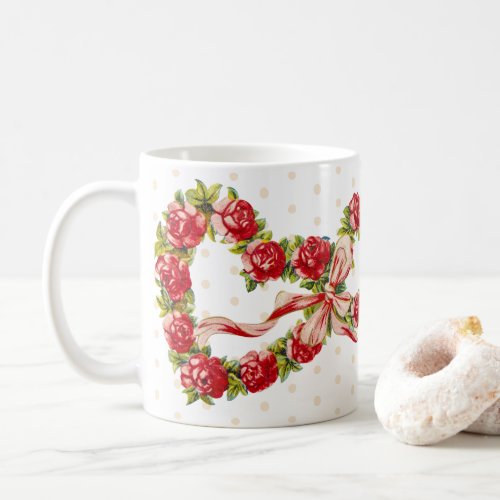 Red Roses Floral Heart Wreath Elegant Cute Vintage Coffee Mug