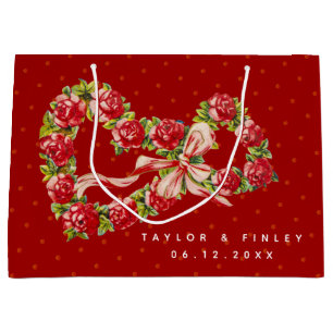 Red Roses Floral Heart Wreath Elegant Cute Vintage Large Gift Bag