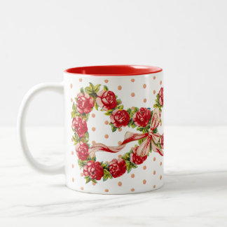 Red Roses Floral Heart Wreath Elegant Cute Vintage Two-Tone Coffee Mug