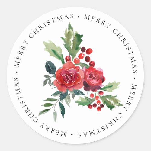 Red Roses Floral Holly Merry Christmas Classic Round Sticker