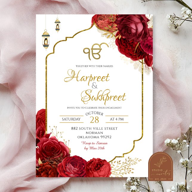 Red Roses Floral Ik Onkar Indian Wedding Invitation (Creator Uploaded)