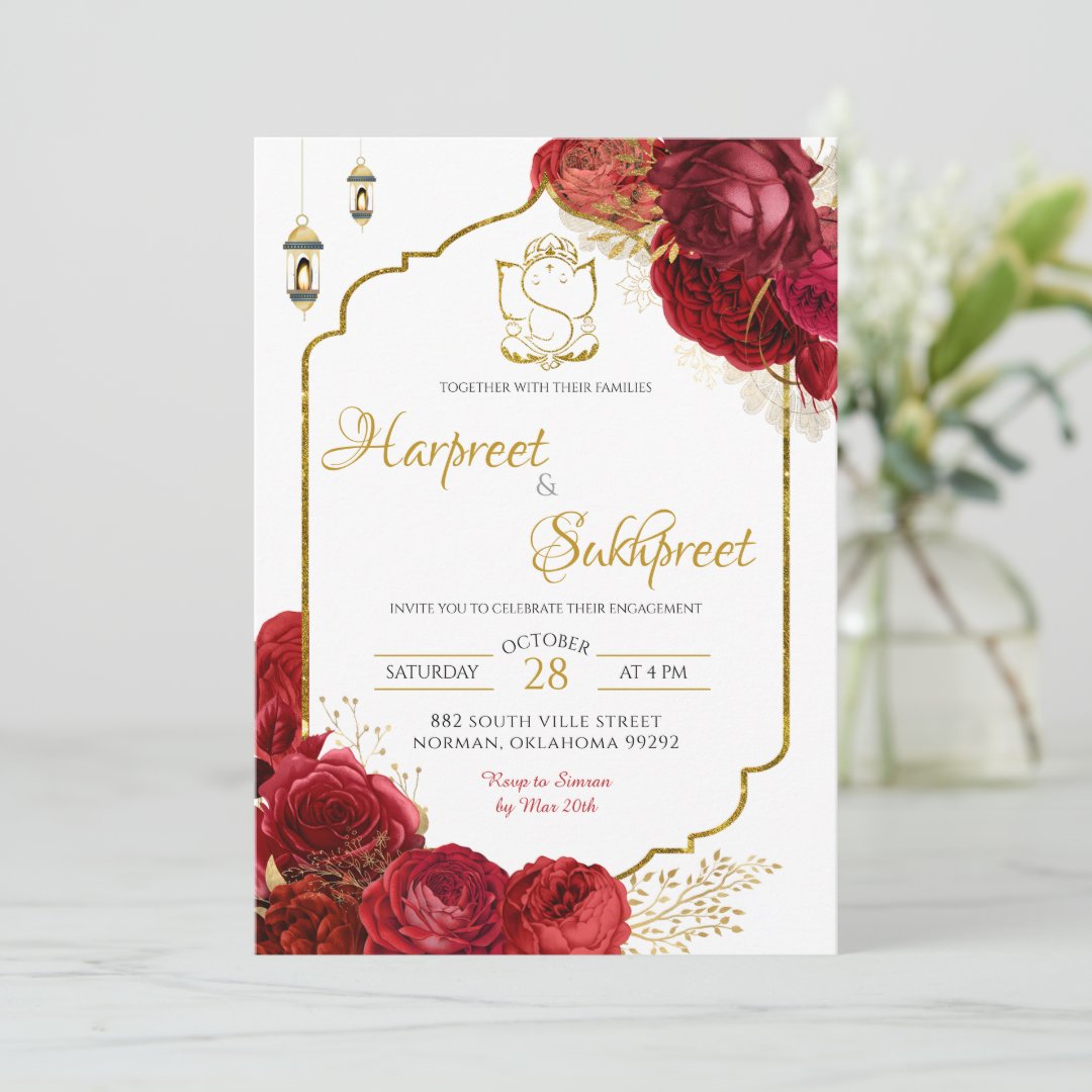 Red Roses Floral Indian Wedding Ceremony Invitation - Image 5
