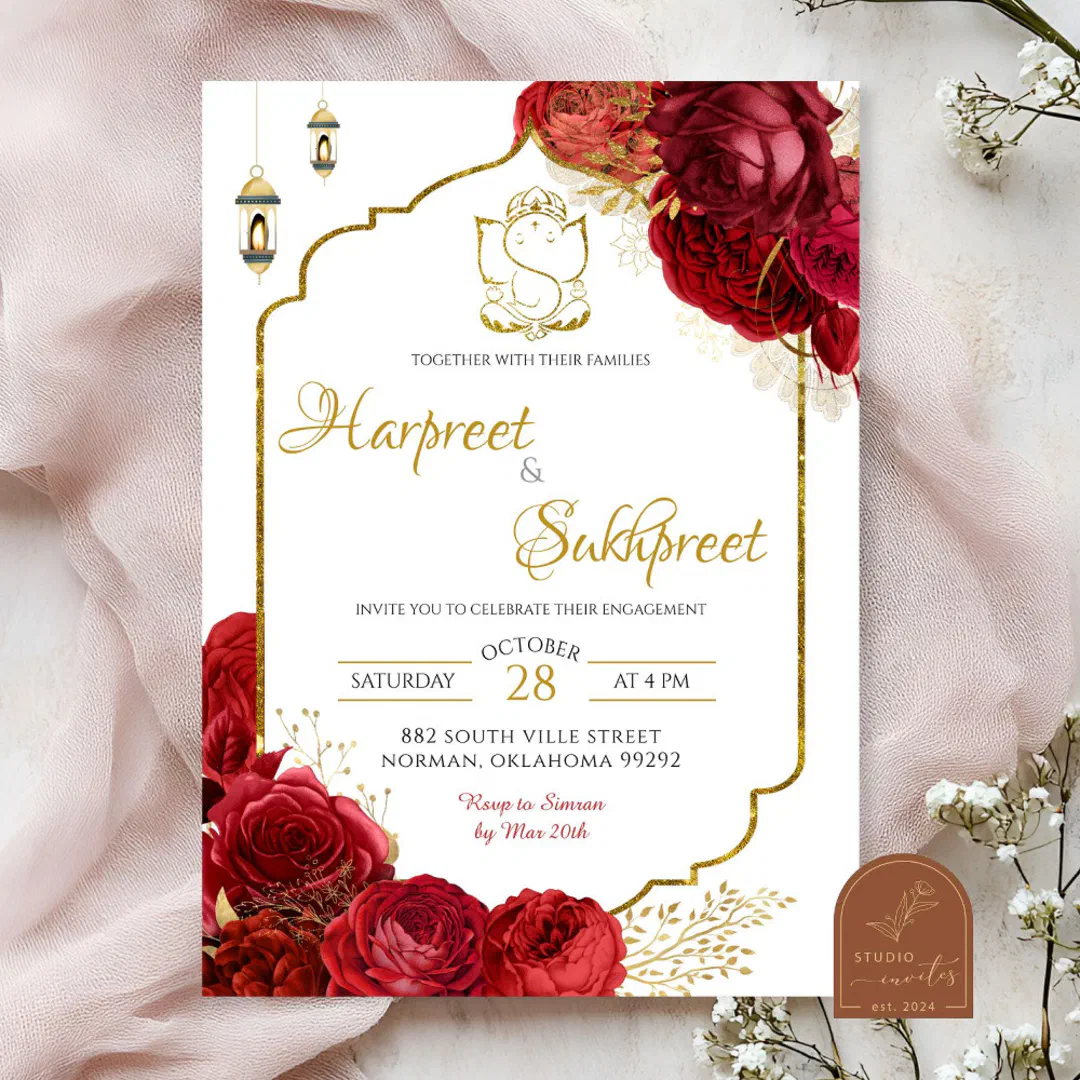 Red Roses Floral Indian Wedding Ceremony Invitation - Image 1