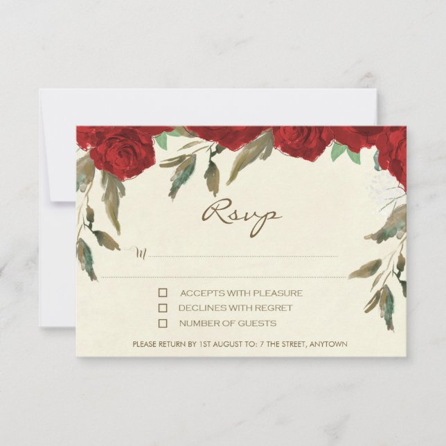 Red roses floral ivory wedding rsvp reply card (Front)