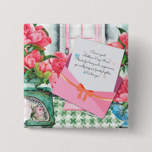 Red Roses Floral Letter Envelope Mother's Day Button