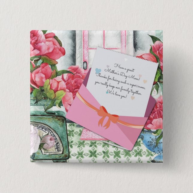 Red Roses Floral Letter Envelope Mother's Day Button (Front)