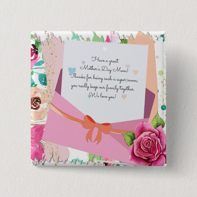 Red Roses Floral Letter Envelope Mother's Day Button (Front)