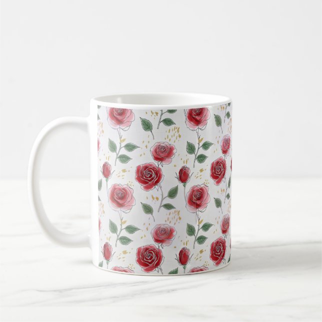 Red Roses Floral Line Art Pattern Coffee Mug (Left)