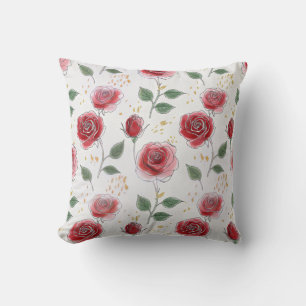 Red Roses Floral Line Art Pattern Throw Pillow