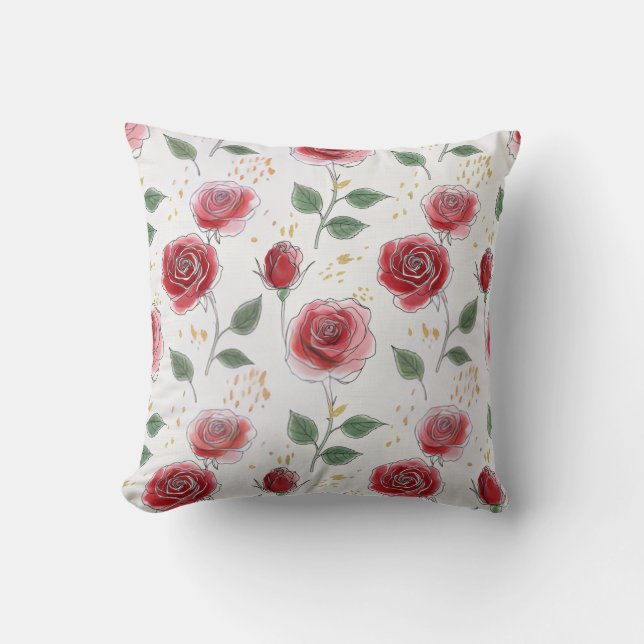 Red Roses Floral Line Art Pattern Throw Pillow (Front)