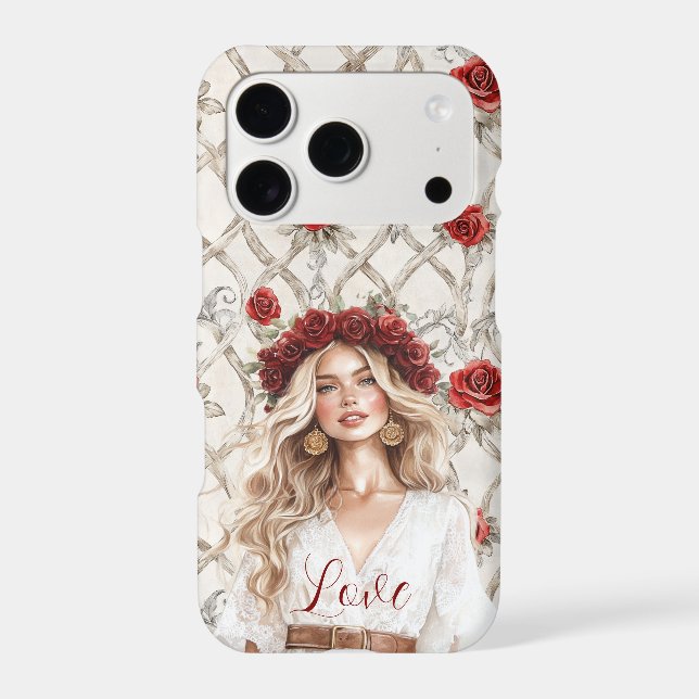 Red Roses Floral Love Blond Girl Wreath iPhone Case (Back)