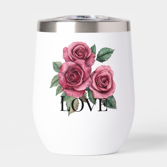 Red Roses Floral Love Wedding Thermal Wine Tumbler (Front)