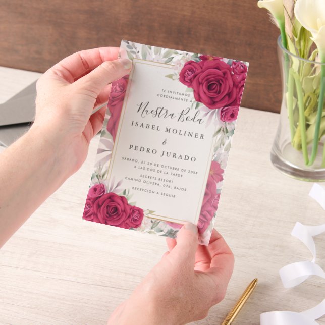 Red Roses Floral Nuestra Boda Spanish Wedding Vellum Invitations (Handheld)