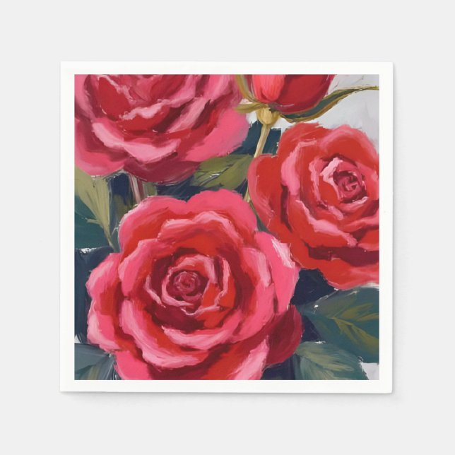 Red Roses Floral Painting Napkins (Front)