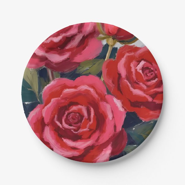 Red Roses Floral Painting Paper Plates (Front)